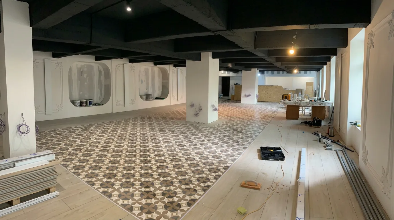 Montaj gresie decorativă tip covor și pardoseală din lemn în zona centrală