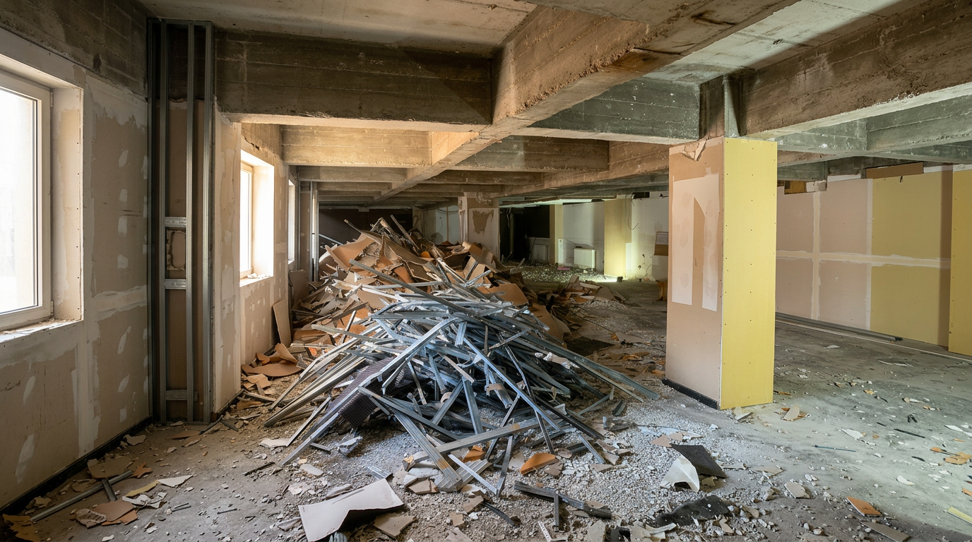 Spațiu comercial în etapa de demolare — moloz și structuri vechi de rigips
