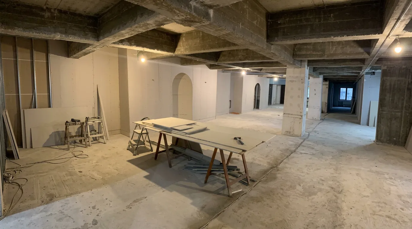 Structură nouă din rigips ridicată sub tavanul din beton aparent